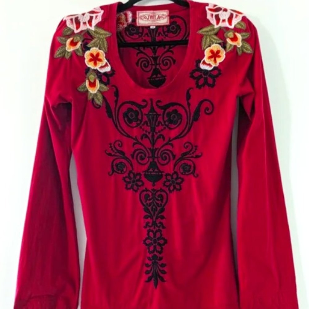 Johnny Was Red Long Sleeve Top with Floral Embroidery